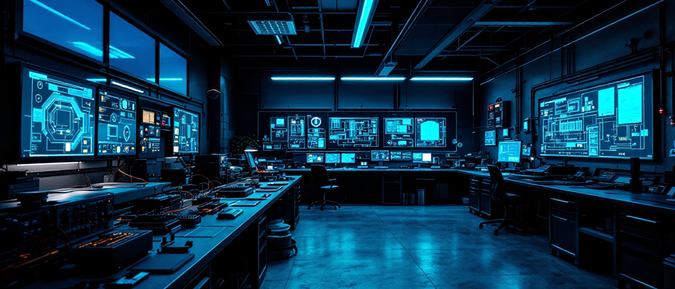 Diamond SPI engineering design studio with workbench, electrical components, and wall-mounted CAD displays