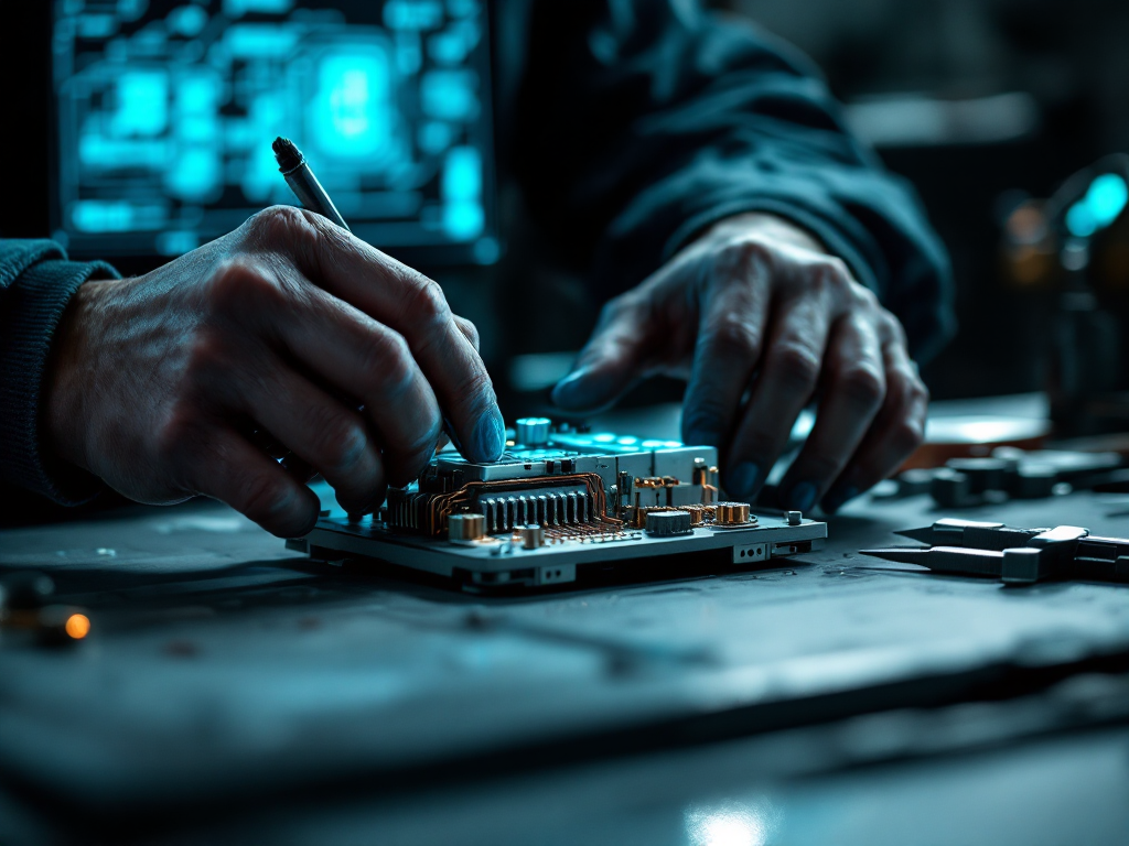 Close-up of an engineer assembling a precision electrical control component on a workshop bench