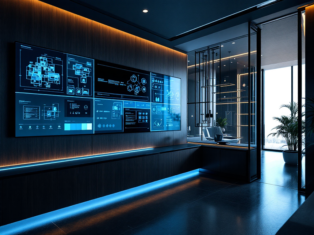 Smart home automation control room with wall-mounted touch panels and floor-plan displays