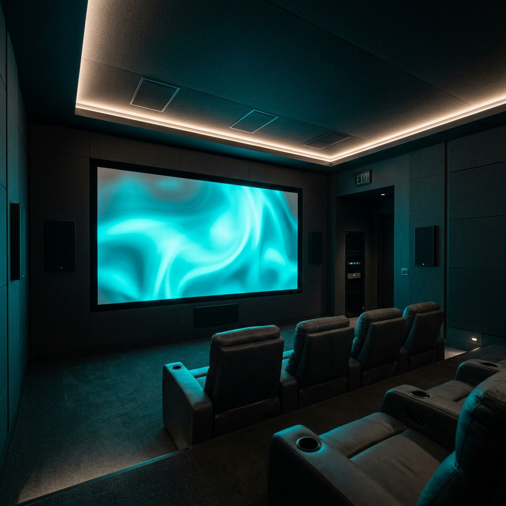 Home theater with large screen and ceiling speakers