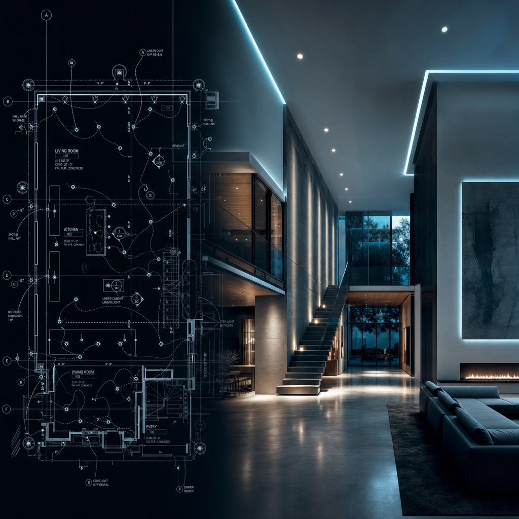Architectural lighting design with linear LEDs and a lighting plan overlay