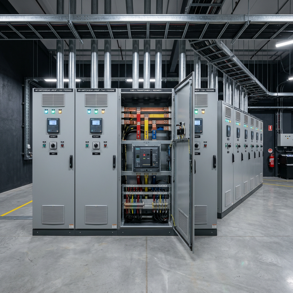 Medium voltage switchgear lineup with copper busbars