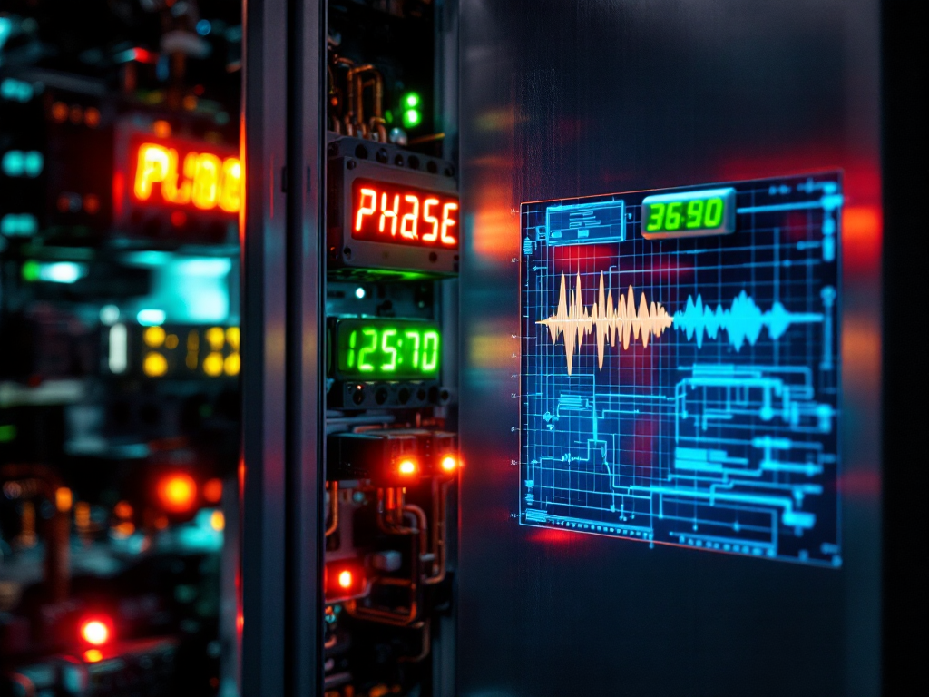 Industrial phase monitoring control cabinet with status indicators and three-phase waveform display