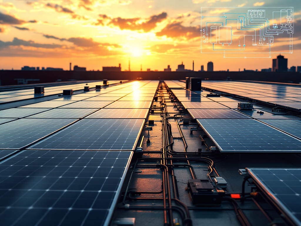 Rooftop solar photovoltaic array at golden hour with clean conduit routing