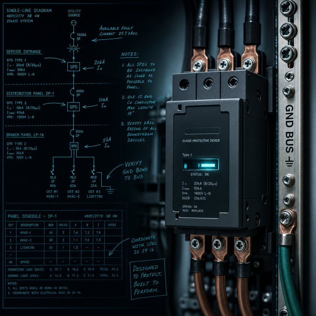 Surge protection module wired into a busbar with one-line diagram